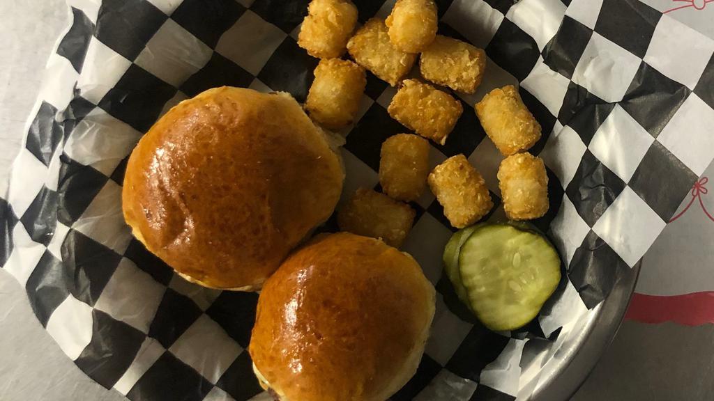 Two Cheeseburger Sliders · Two mini sliders with Colby Cheese