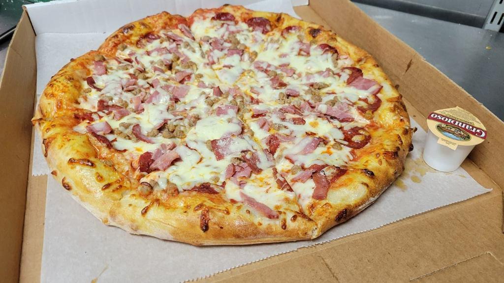 Meat Amanti · Pepperoni, sausage, Ham, Bacon, Ground Beef, Mozzarella, and Provolone Cheese.