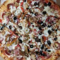 Greek Pizza · Lame Meat, Green Peppers, Banana Pepper Onion, Tomatoes, Olives, Feta Cheese, Mozzarella, an...