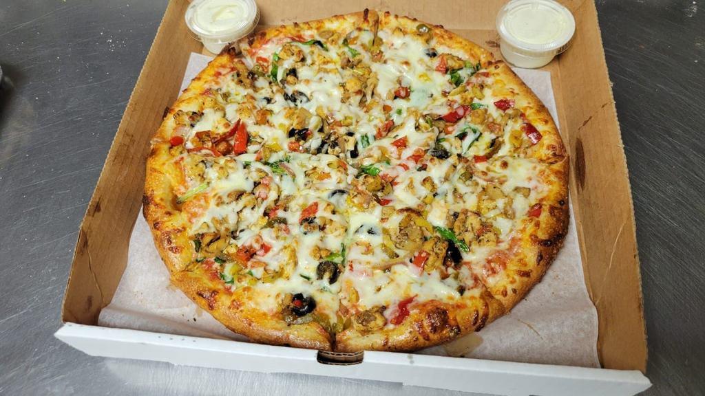 Spicy Chicken Veggie · Spicy Chicken with Cajun Sauce, Mushrooms, Green Peppers, Onions, Jalapeño Peppers, Black Olives Mozzarella and Provolone Cheese.