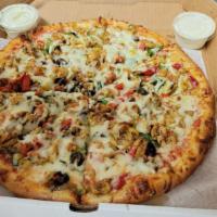 Chicken Veggie Pizza · Grilled Chicken, Mushrooms, Green Peppers, Banana Pepper, Onions, Black Olives, Mozzarella a...