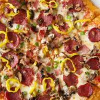 Supreme Pizza 12 Inch · Pepperoni, turkey ham, beef bacon, Italian sausage, green pepper, onions, fresh mushrooms, a...