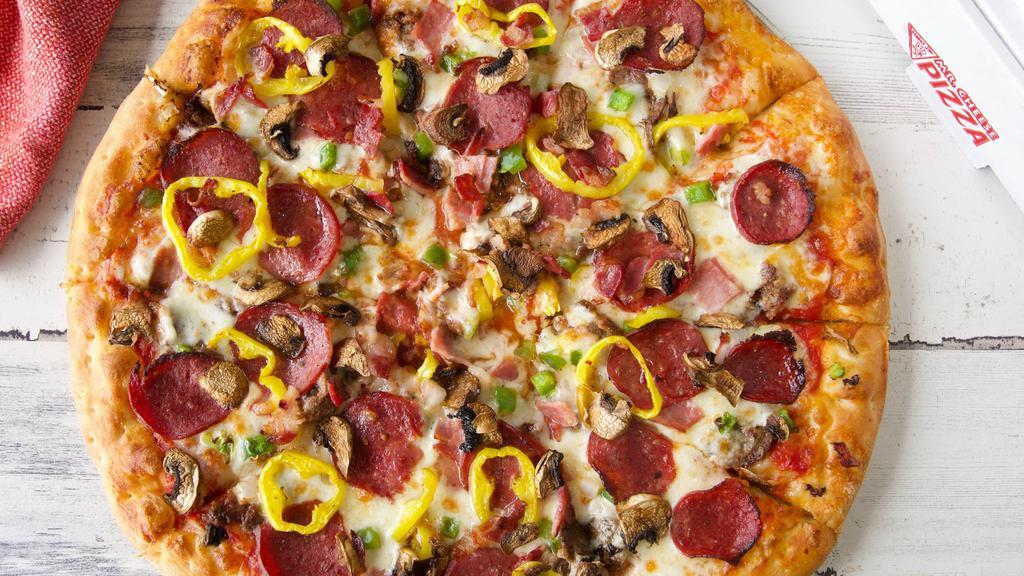 Supreme Pizza 12 Inch · Pepperoni, turkey ham, beef bacon, Italian sausage, green pepper, onions, fresh mushrooms, and mild peppers.