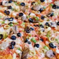 Vegetarian Pizza 14 Inch · Fresh mushrooms, onions, green peppers, and black and green olives.