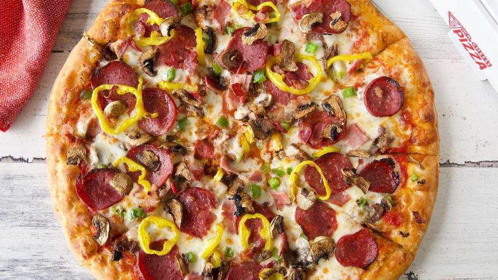 Supreme Pizza 14 Inch · Pepperoni, turkey ham, beef bacon, Italian sausage, green pepper, onions, fresh mushrooms, and mild peppers.