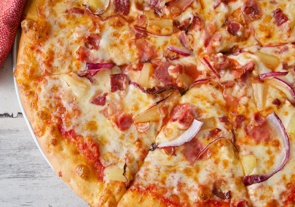 Hawaiian Pizza 12 Inch · Turkey ham, beef bacon, pineapple, and red onions.