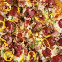 Supreme Pizza 16 Inch · Pepperoni, turkey ham, beef bacon, Italian sausage, green pepper, onions, fresh mushrooms, a...