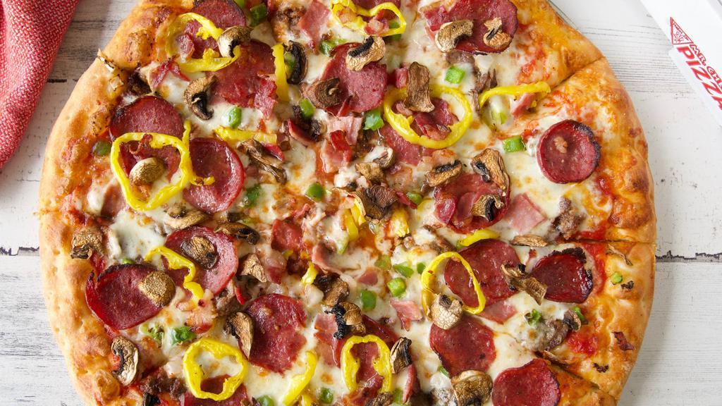 Supreme Pizza 16 Inch · Pepperoni, turkey ham, beef bacon, Italian sausage, green pepper, onions, fresh mushrooms, and mild peppers.