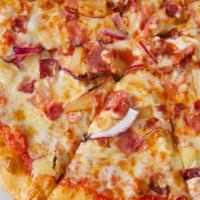 Hawaiian Pizza 14 Inch · Turkey ham, beef bacon, pineapple, and red onions.
