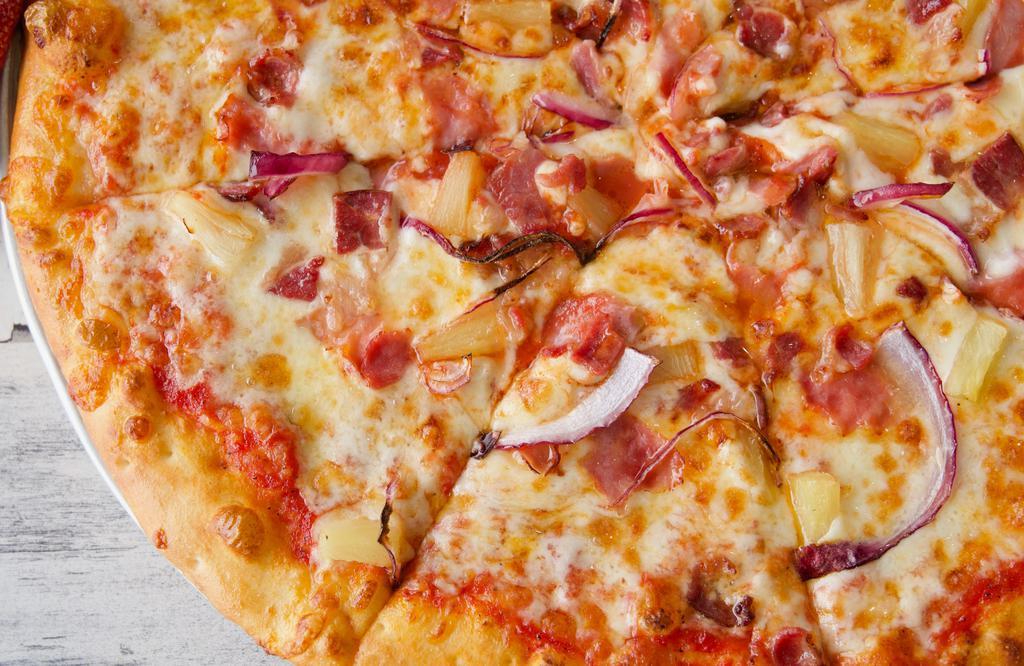 Hawaiian Pizza 16 Inch · Turkey ham, beef bacon, pineapple, and red onions.
