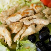 Chicken Salad · Chicken, romaine lettuce, black and green olives, tomatoes, and mozzarella cheese.