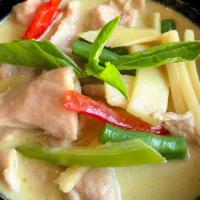 Green Curry · Green curry with coconut milk bamboo shoots, eggplant, green peas, bell pepper hot pepper, g...