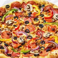 Super Supreme Pizza · Pepperoni, sausage, hamburger, Canadian bacon, ham, mushrooms, black olives, green peppers, ...