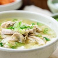 Chicken Rice Soup · Served with fried noodles.