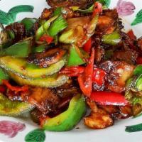 Szechuan Pork · Served with white rice. Spicy.