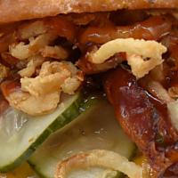Bbq Bacon Cheeseburger · Smoked cheddar, bacon, pickles, house-made BBQ sauce, onion straws. Add sides or toppings fo...