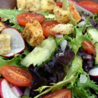 Simple Salad · Mixed greens, tomato, cucumber, onion, radish, crouton, apple honey vinaigrette. Add chicken...