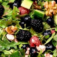 Summer Salad · Arugula, raspberries, blackberries, goat cheese, sunflower seeds, poppy seed dressing
