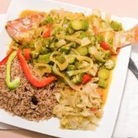 Fish · A whole Red Snapper cooked to order, seasoned and topped with onions and peppers.