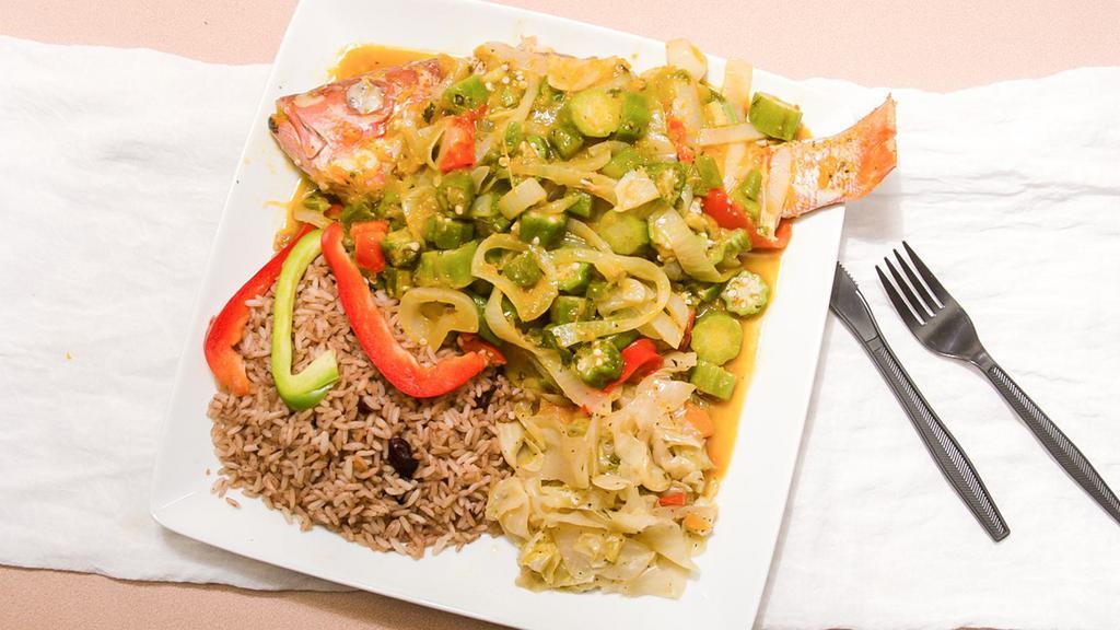 Fish · A whole Red Snapper cooked to order, seasoned and topped with onions and peppers.