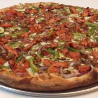 Veggie Pizza · Thin Crust, Onion, green peppers, mushroom, green olives, black olives, Home made pizza sauc...
