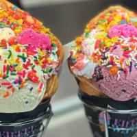 Ooh La La Surprise Waffle · Bubble waffle with cake batter ice cream, sprinkles, frosted animal crackers, fruity pebbles...