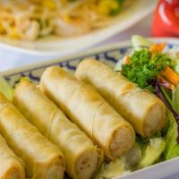 Spring Roll (2 Pieces) · Deep-fried, wrapped spring roll with assorted vegetables and bean threads served with plum s...