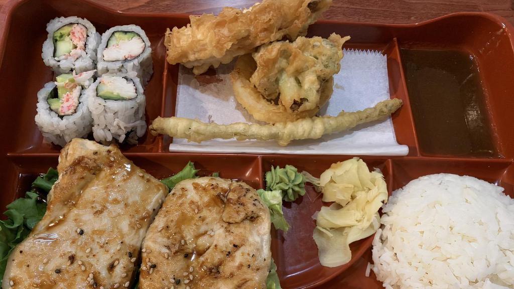 Chicken Teriyaki Platter · Grilled chicken in teriyaki sauce.  Served with half California roll, miso soup, tempura, and a side salad.