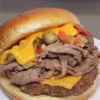 Godfather Burger · Italina beef meat, beef patty,nacho cheese and  giardiniera hot peppers.