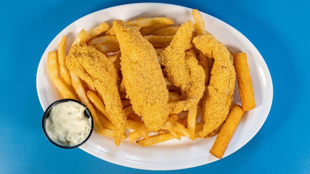 Catfish Dinner · Four strips of catfish, two sides of your choice, two hushpuppies and tartar sauce.