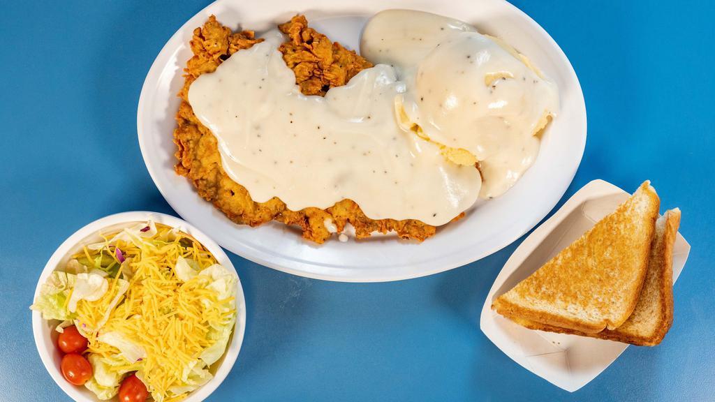 Chicken Fried Steak Dinner · Chicken fried steak topped with cream gravy, served with two sides, and texas toast.