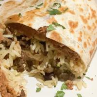 Burrito Pastor · Marinated pork  a flour tortilla wrap, served with lettuce,tomato,Mexican rice ,beans, sour ...