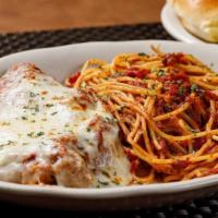 Chicken Parmigiana · served with spagetti