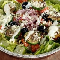 Mediterranean Salad · Lettuce, tomatoes, cucumbers, red onions, peppers, feta cheese, kalamata olives and balsamic...