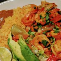 Fajitas De Camaron · Shrimp fajita with red peppers, green peppers, yellow peppers and onions. Served with rice, ...