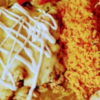Enchiladas Dinner · Three enchiladas made with your choice of meat and your choice of sauce. Served with rice an...