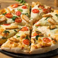White Pizza · A pizza with white sauce, mozzarella cheese, grilled chicken, spinach, onion and mushroom.