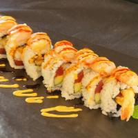 Tokyo Roll · Tuna, shrimp tempura, cucumber, avocado, crunch, spicy mayo with tempura, crab stick on top.