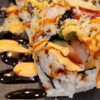 Samurai · Shrimp tempura, spicy tuna & salmon, smoked salmon, crab, cucumber, avocado,
carrot, smoked ...