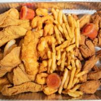 Sampler Plate (Combo-5) · Two pieces fish (whiting, catfish, perch, tilapia, swai), six wing dings, five large shrimp,...