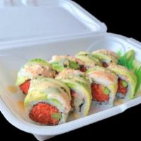 Koi Roll · Spicy tuna, asparagus crunchy, steamed shrimp avocado with masago sauce.