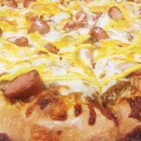 Coney Pizza · Large Pizza with Mozzerella. and Chedder Cheese, all Beef Hot dogs, Onions and Mustard