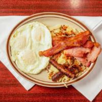 Sam Breakfast Special · Three eggs (any style), Two sausage links, Two strips of bacon, Two slices of ham, potatoes,...