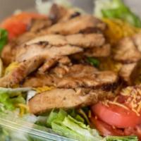 Chicken Salad (Large) · Crispy or grilled chicken breast atop lettuce with tomatoes, egg and Cheddar Cheese.