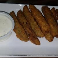 Fried Pickles · Crispy pickle spears that have been breaded and deep fried. Served with ranch on the side.