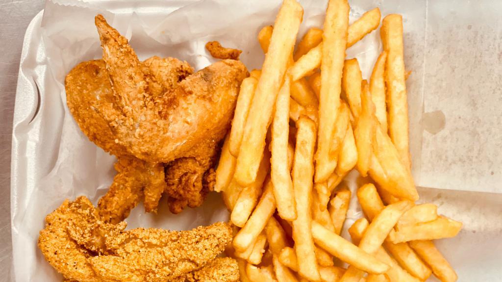 Fish (2 Pcs) & Wings (2 Pcs) · Served with fries, bread. your choice of catfish or perch or jack or buffalo.