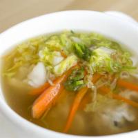 Wonton Soup · Pork and shrimp wontons with cabbage and carrot in a clear chicken broth.