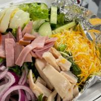Chef Salad · Romaine lettuce, mixed green,cucumber, red onion, tomato, shredded cheese, sliced turkey mea...