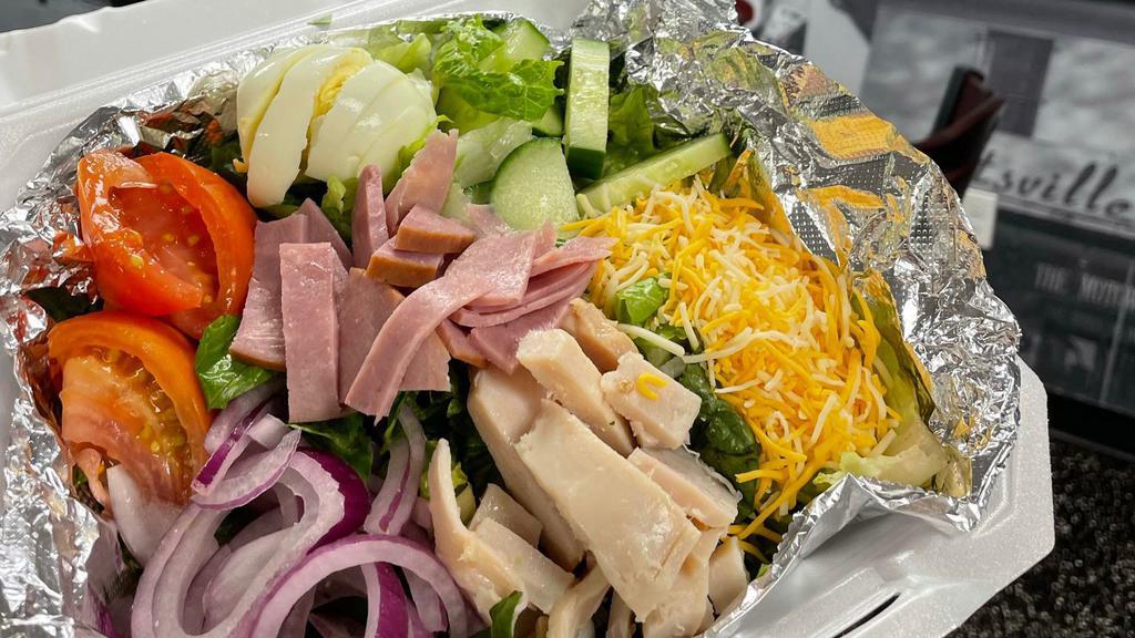 Chef Salad · Romaine lettuce, mixed green,cucumber, red onion, tomato, shredded cheese, sliced turkey meat, boiled egg.