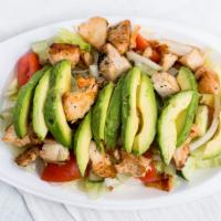 Chicken Avocado Salad · Crispy lettuce, marinated grilled chicken breast, tomatoes, cucumbers, onions and freshly sl...